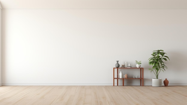 Salle vide de mise en scène minimaliste avec murs blancs et plante au sol