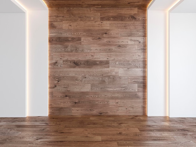 Salle vide avec mur en bois blanc caché parquet clair parquet