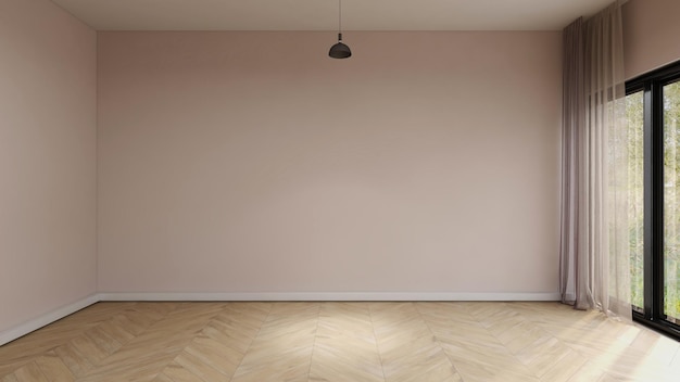 Salle vide avec mur rose doux plancher à chevrons large rideau de fenêtre à cadre noir et lampe suspendue
