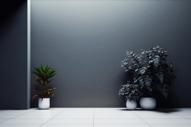 salle vide de mur sombre avec des plantes sur un sol, rendu 3d dans un style minimaliste