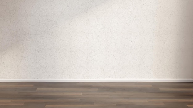 Salle vide avec mur en stuc de textures grises et plancher en bois foncé