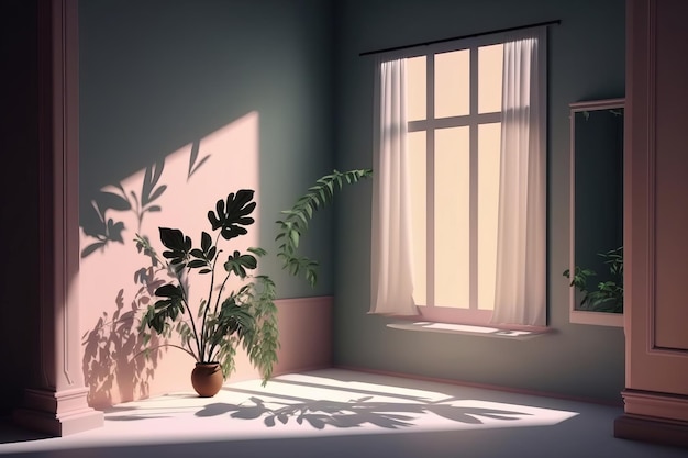 Salle vide avec des ombres de fenêtre et de fleurs et de palmiers Illustration AI Generative