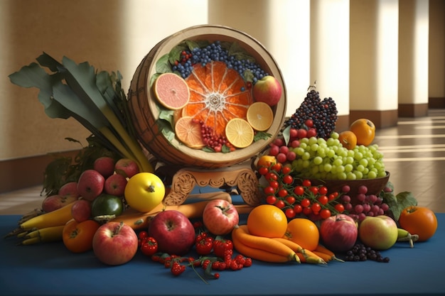 Salle vide avec panier de légumes et de fruits au sol sur des colonnes utilisant la technologie générative ai