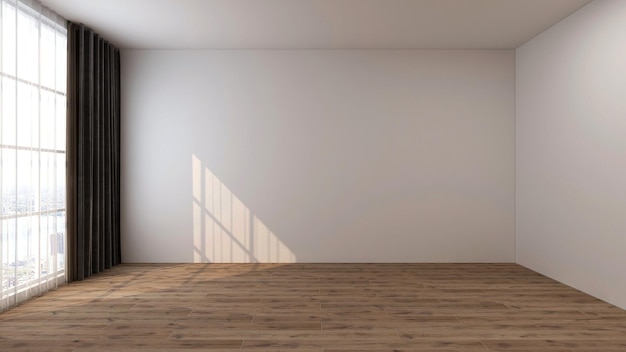 Salle vide avec plancher en bois mur blanc et fenêtre blanche