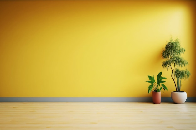 Salle vide avec des plantes ont un plancher en bois sur fond de mur jaune