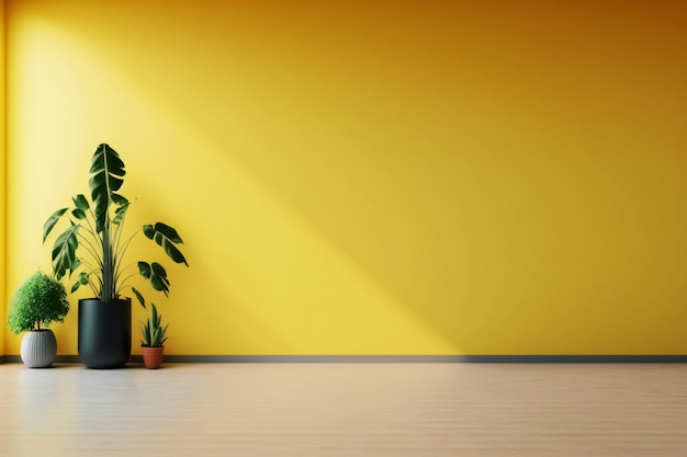 Salle vide avec des plantes ont un plancher en bois sur fond de mur jaune