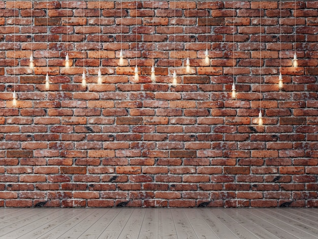 Salle vide pour un fond de brique de présentation avec ampoules