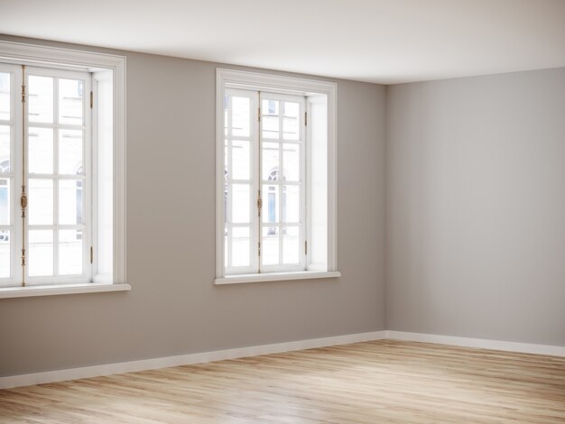 Salle vide pour maquette. Roon vide avec mur clair et plancher en bois. Rendu 3D.