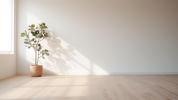Photo salle vide rendu 3d avec plante sur plancher en bois