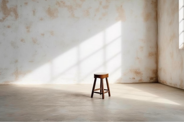 Salle vide avec un tabouret devant un mur blanc