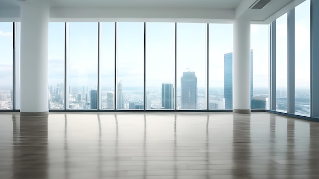 Salle vide avec vue sur un paysage urbain en arrière-plan