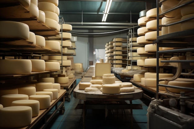 Salle de vieillissement du fromage moderne avec de grandes piles de meules de fromage sur des étagères éclairées par la lumière artificielle. L'atmosphère est stérile et professionnelle, adaptée à la production alimentaire industrielle.