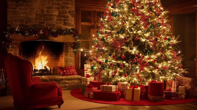 Salle à vivre avec arbre de Noël et cheminée