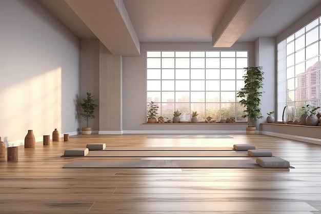 Une salle de yoga spacieuse prête à l'entraînement