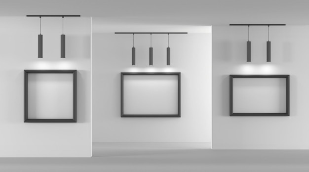 Salles d'exposition intérieures du musée de la galerie d'art avec cadres noirs et lampes suspendues rendu 3d Bordures carrées et rectangulaires vierges sur les murs blancs pour les affichages d'images et de photos