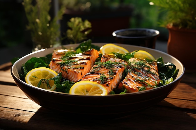 Salmon grillé avec du citron et des herbes appétissantes