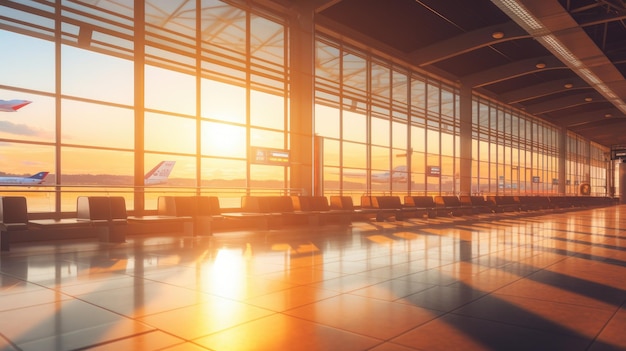 Le salon de l'aéroport au coucher du soleil Grandes fenêtres Intérieurs de l'aéroport