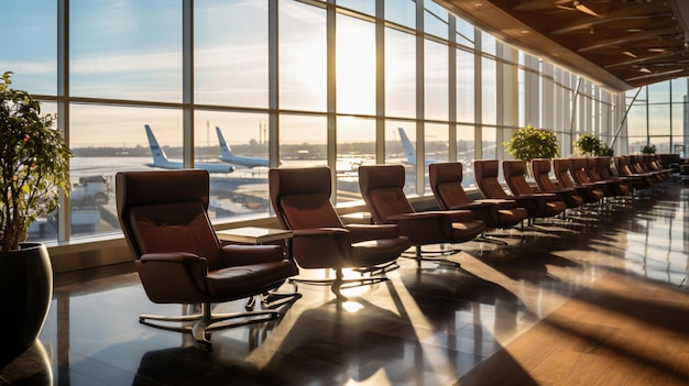 Salon d'aéroport vide avec fauteuils en cuir