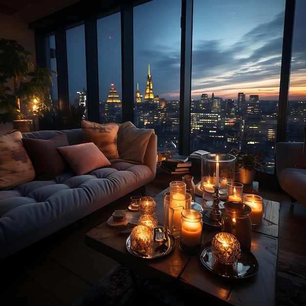 salon d'appartement confortable avec des fenêtres géantes sur la ville