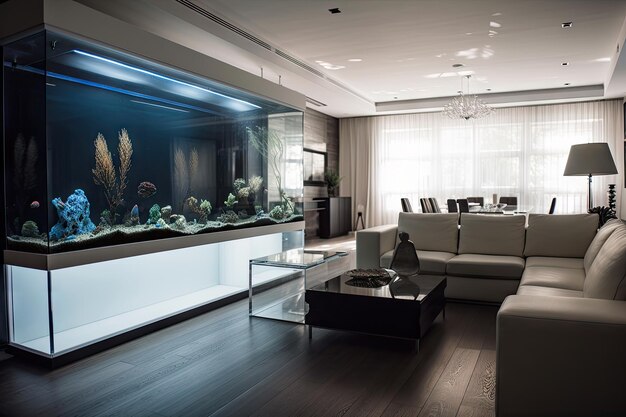 Salon avec aquarium et design épuré parfait pour un décor contemporain