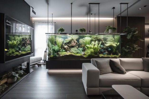 Salon avec aquarium encastré dans un mur entouré de verdure flottante