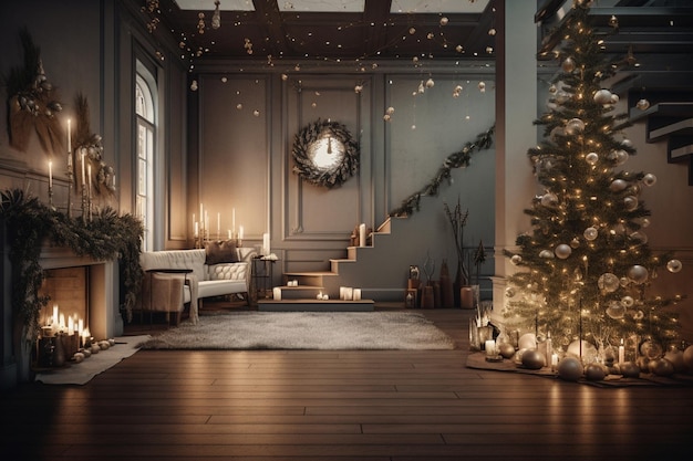 Un salon avec un arbre de Noël et une horloge au mur