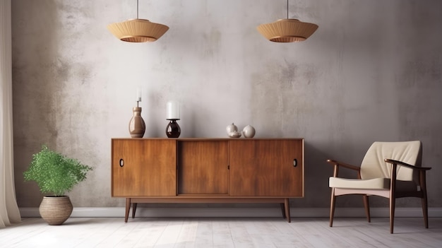 Un salon avec une armoire en bois et une lampe.