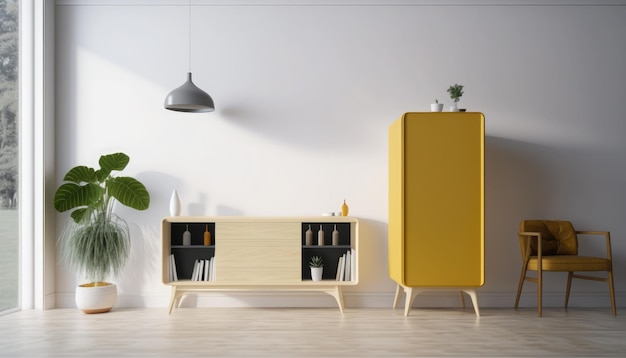 Un salon avec une armoire jaune et une plante dans le coin.