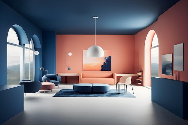 Un salon aux couleurs bleu et orange.