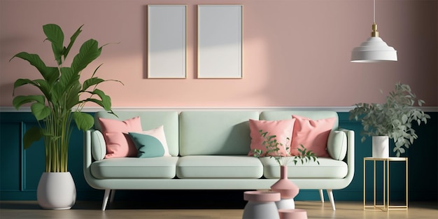 Salon aux couleurs pastel avec lumière chaude du soleil brille dans la pièce Design d'intérieur minimalisme