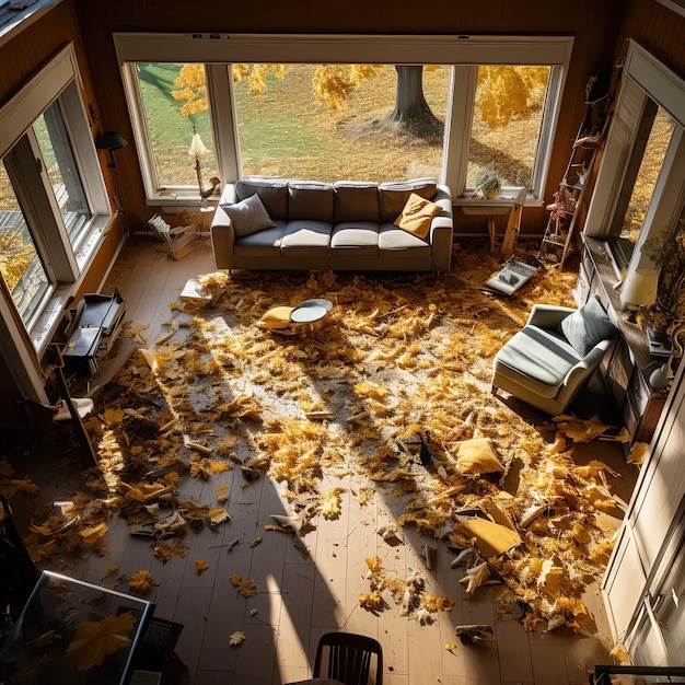 Photo un salon avec beaucoup de feuilles sur le sol.