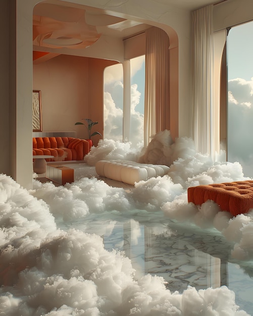 Un salon avec beaucoup de nuages sur le sol.