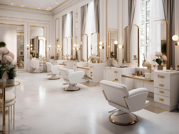 Un salon de beauté de luxe élégant avec des miroirs de vanité tout autour