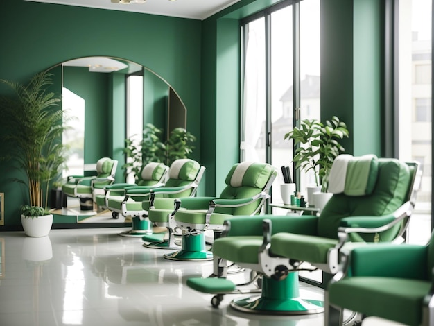 Salon de beauté vert avec rangées de fauteuils et design minimaliste