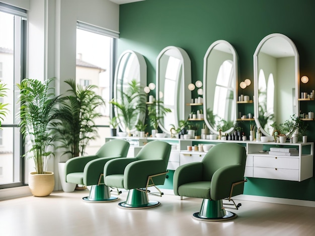 Salon de beauté vert avec rangées de fauteuils et design minimaliste