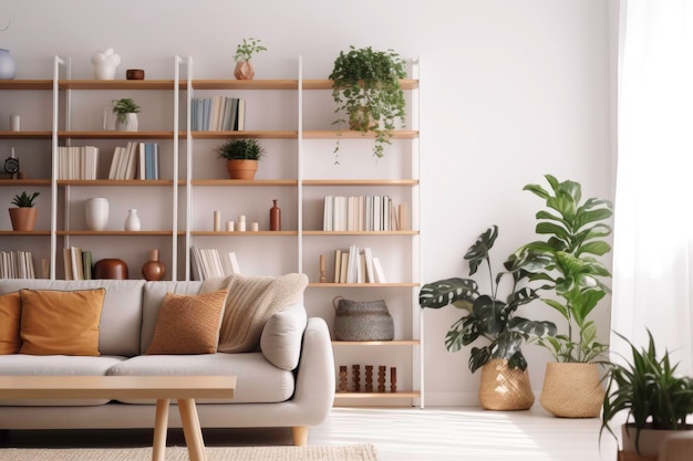 Un salon avec une bibliothèque et une plante au mur.