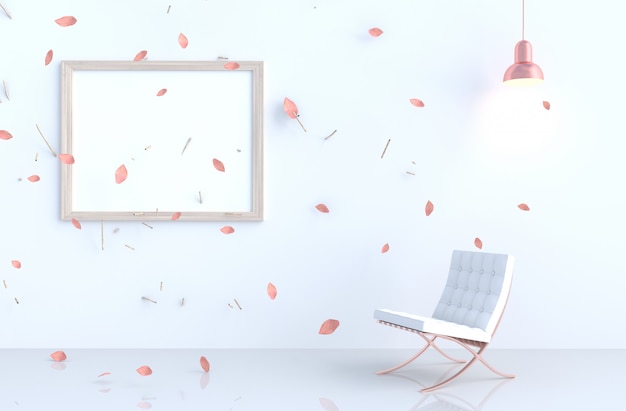 Salon blanc avec cadre photo, feuilles roses