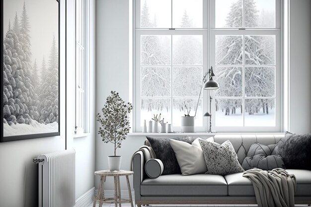 Un salon blanc avec un canapé et une fenêtre avec une scène d'hiver de style scandinave dans la décoration