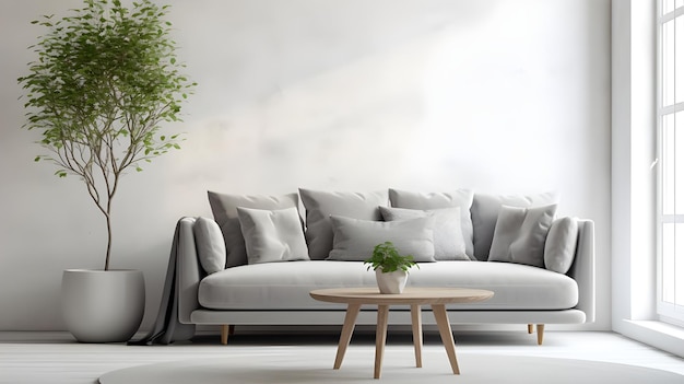un salon blanc avec un canapé gris et une plante installée dans le style d'un fond texturé
