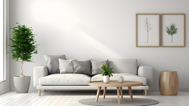 un salon blanc avec un canapé gris et une plante installée dans le style d'un fond texturé