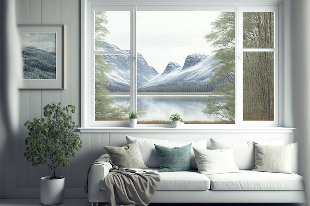 Salon blanc avec canapé et vue sur la fenêtre d'une scène d'été style scandinave dans la décoration