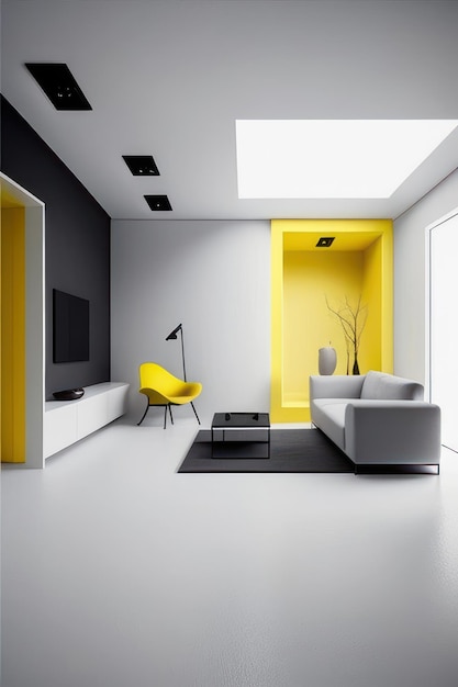 salon blanc avec une chaise jaune de luxe et des accents de canapé