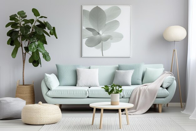 Salon blanc avec des plantes vertes Chambre avec une table et un canapé blanc