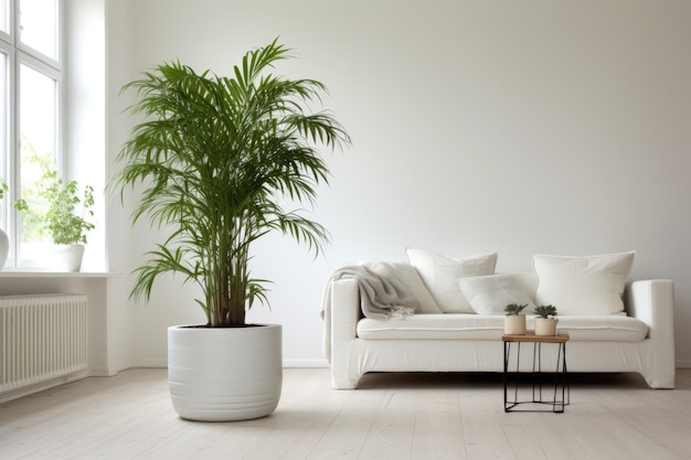 Un salon blanc et propre avec une seule plante en pot.