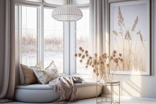 Salon blanc avec siège de fenêtre et oreillers Generative AI