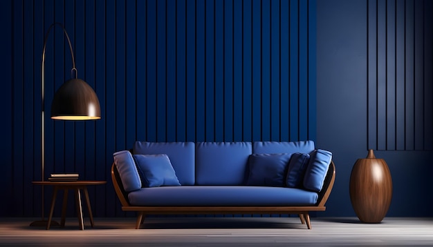 salon en bois moderne et élégant doté d'un canapé bleu foncé