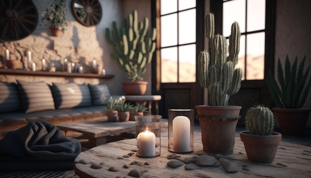 Photo un salon avec un cactus sur la table.