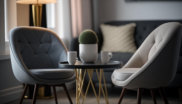 Un salon avec un cactus sur une table