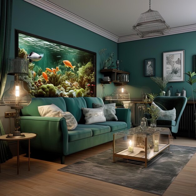 Photo un salon avec un canapé un aquarium et un aquarium