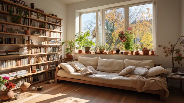 un salon avec un canapé et une bibliothèque avec des plantes sur le rebord de la fenêtre.